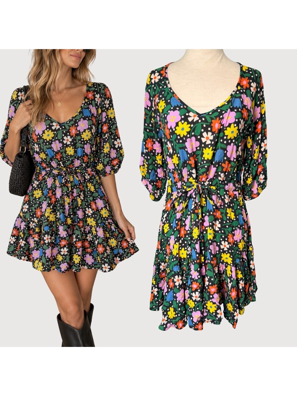 Fresha London Floral Dopamine Mini Dress Black Multi S